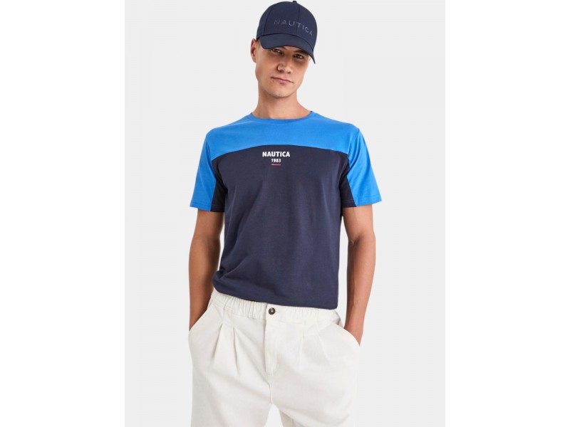 Nautica Celeste férfi pamut póló — kerek nyak, nyomott logó