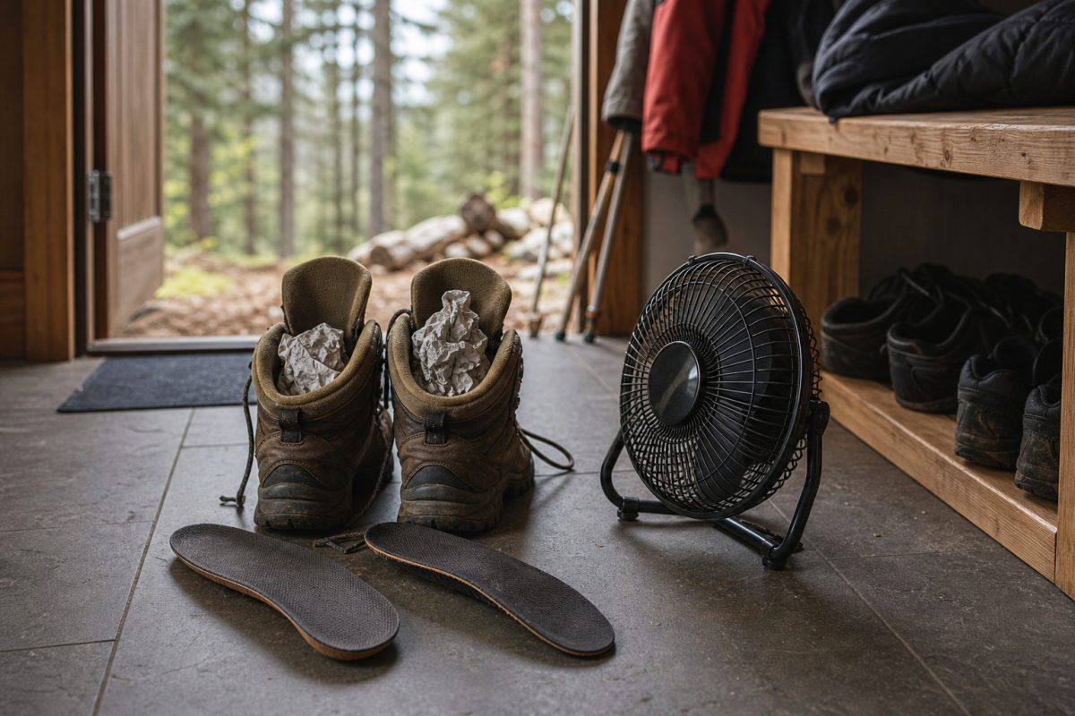 Bakancs szárítás ventilátorral és papírral szellős helyen