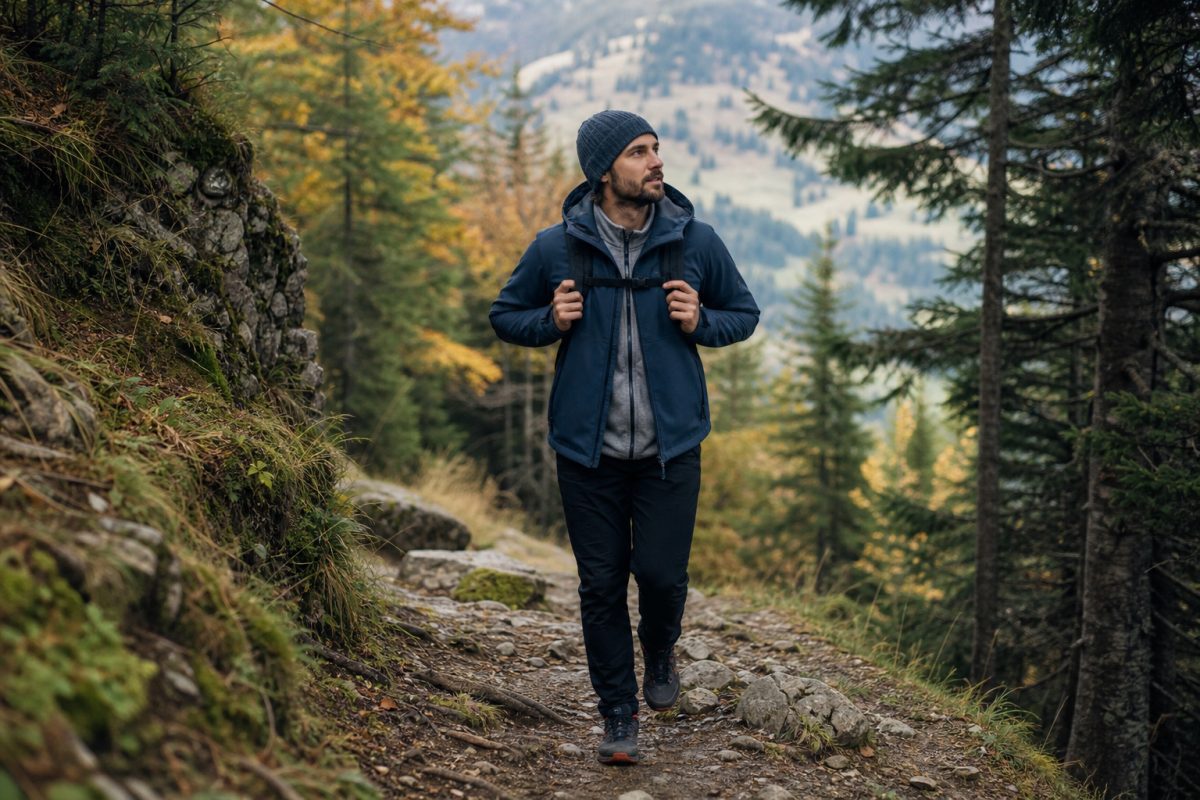 Férfi softshell kabát rétegezve őszi túrán