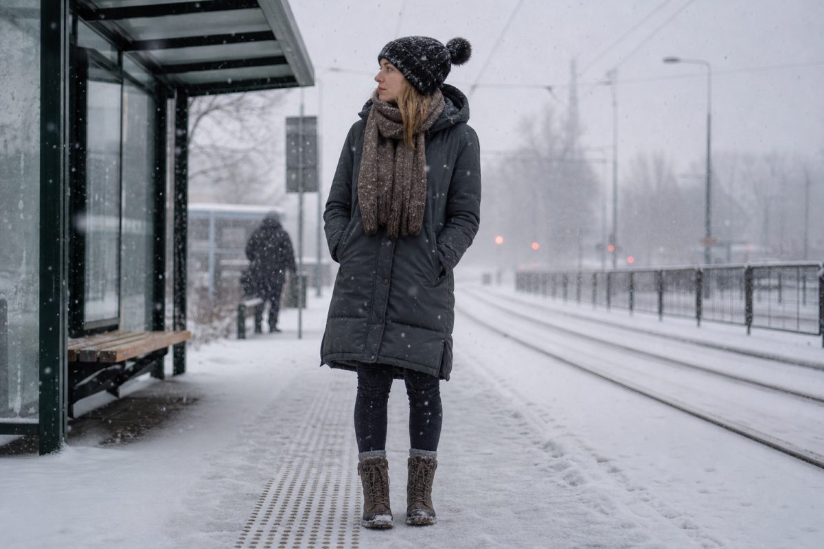 Hosszabb parka jellegű télikabát havas városi megállóban