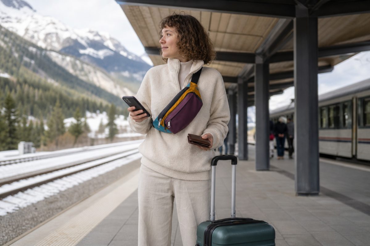 Utazó színes cotopaxi hip pack jellegű övtáskával vasútállomáson