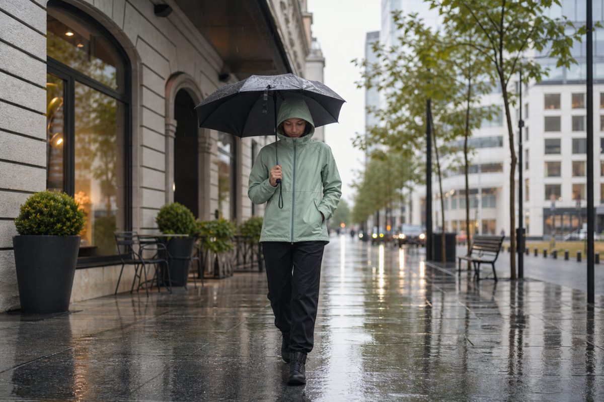 Kapucnis Helly Hansen dzseki jellegű kabát esős városi utcán