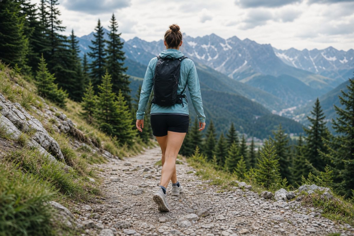 Gyors tempóban haladó túrázó sportos Merrell túracipő jellegű cipőben