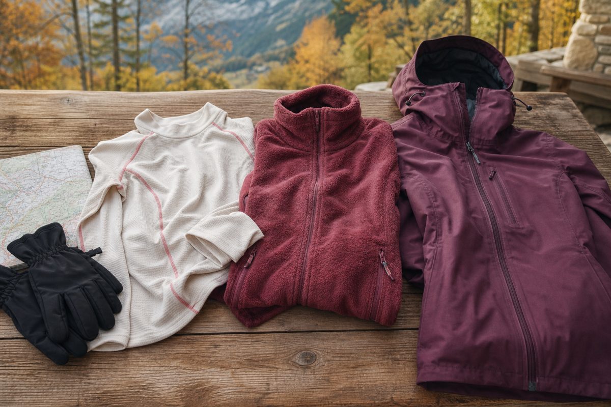 Női fleece és softshell rétegek túrázáshoz előkészítve