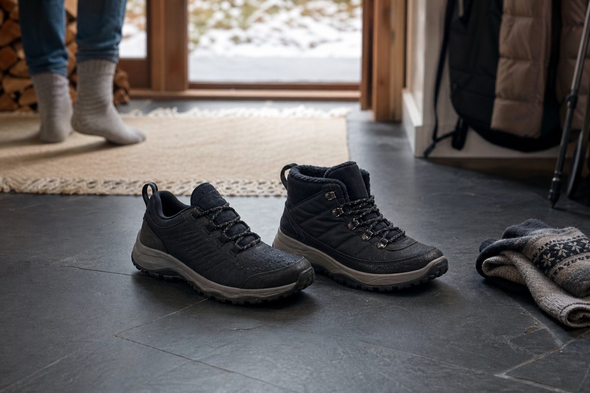 Vízálló női sneaker és bélelt női cipő egymás mellett