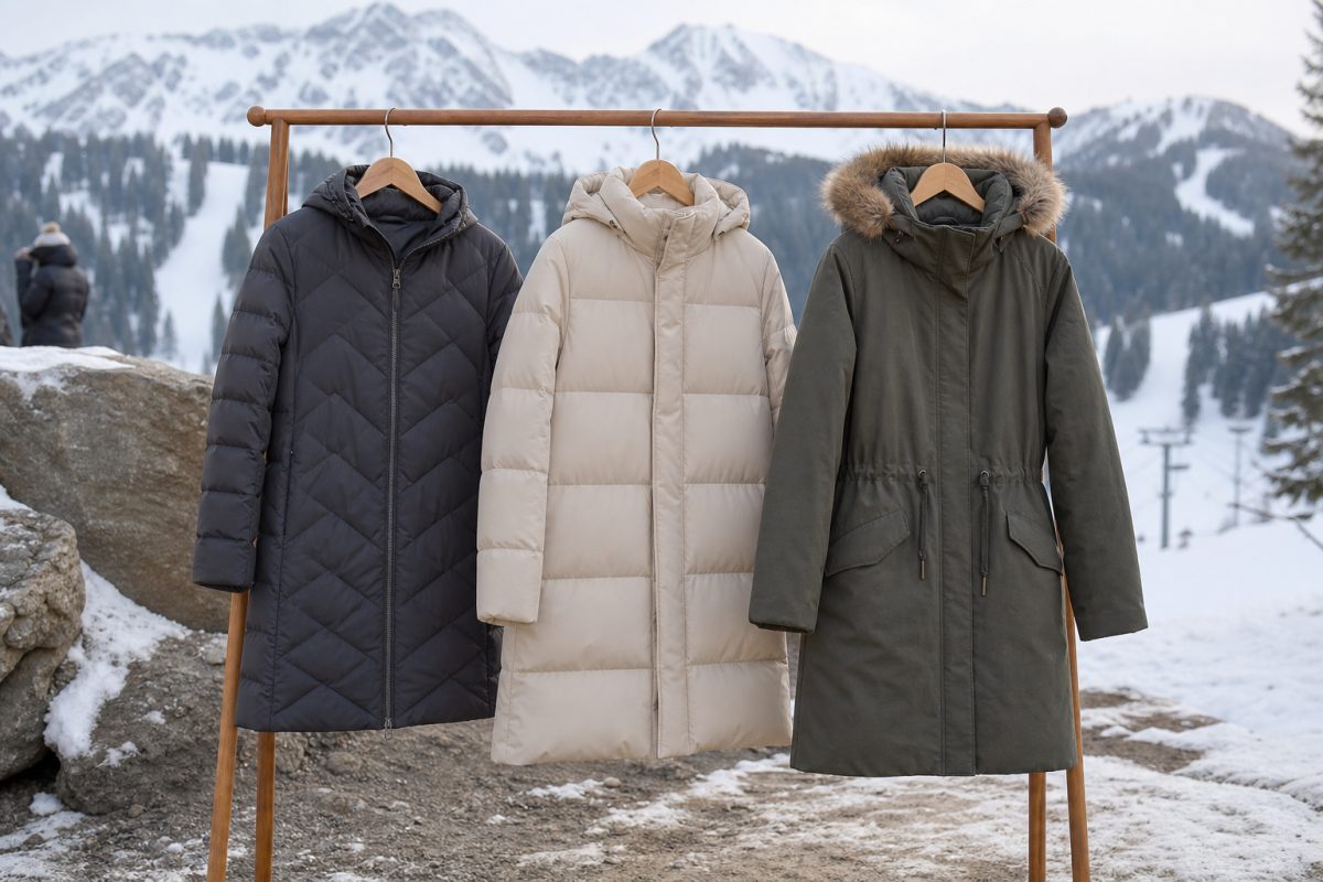 Női pufikabát, pehelykabát és parka egymás mellett