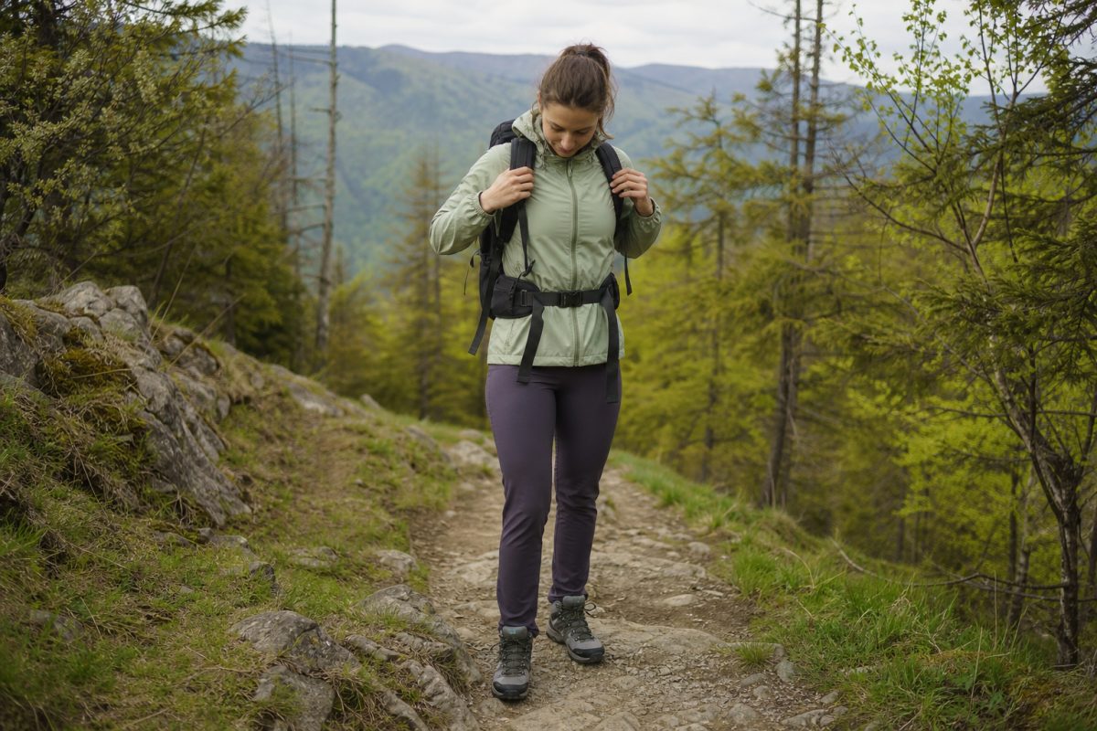 Megpakolt north face hátizsák jellegű táska pántjainak beállítása túra előtt