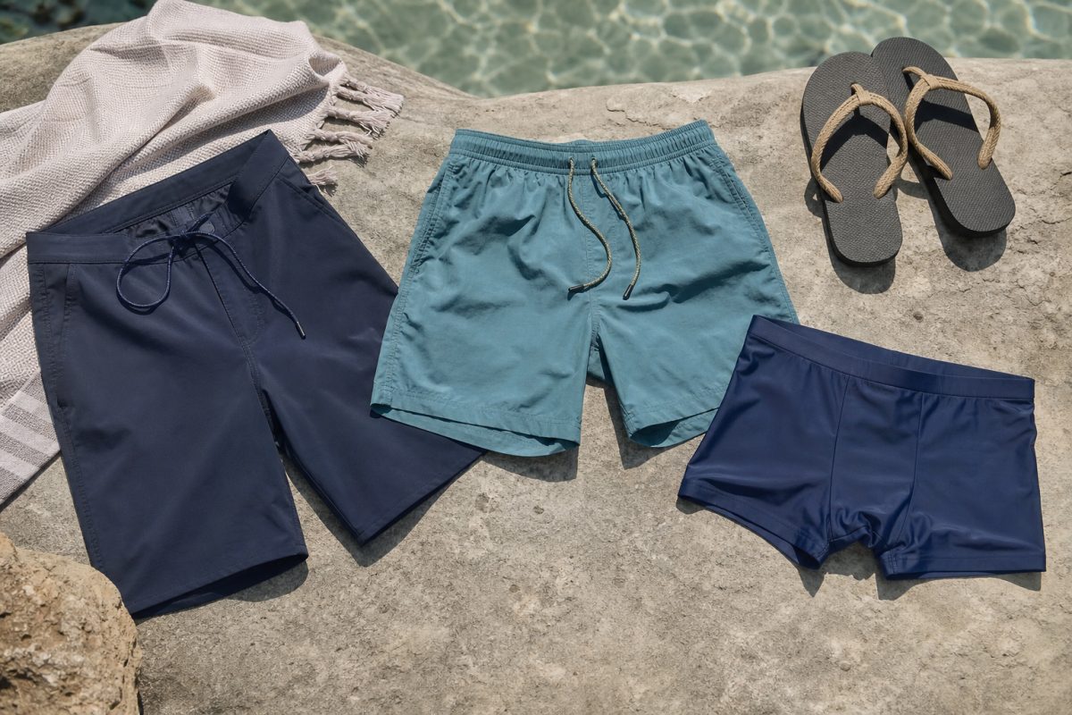 Boardshort, swimshort és testhezálló fürdőnadrág egymás mellett