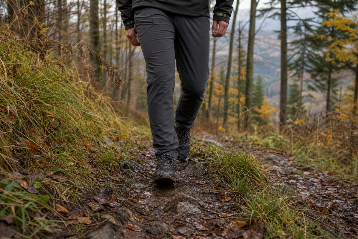 Softshell túranadrág és túracipő sáros őszi ösvényen