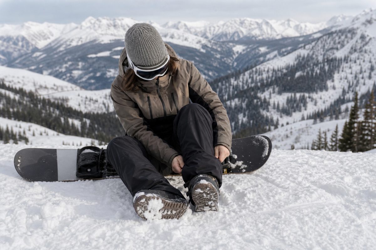 Snowboard nadrág bakancs fölötti illeszkedésének ellenőrzése hóban