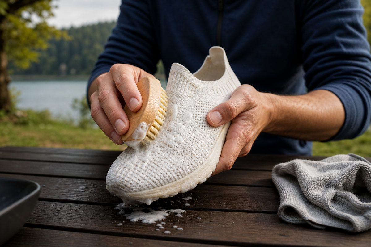 Textil sneaker tisztítása puha kefével és habbal