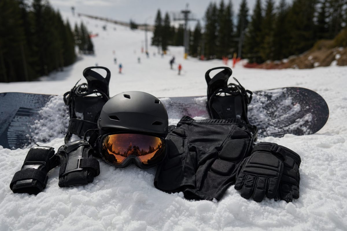 Snowboard védőfelszerelés sisakkal, szemüveggel és csuklóvédővel