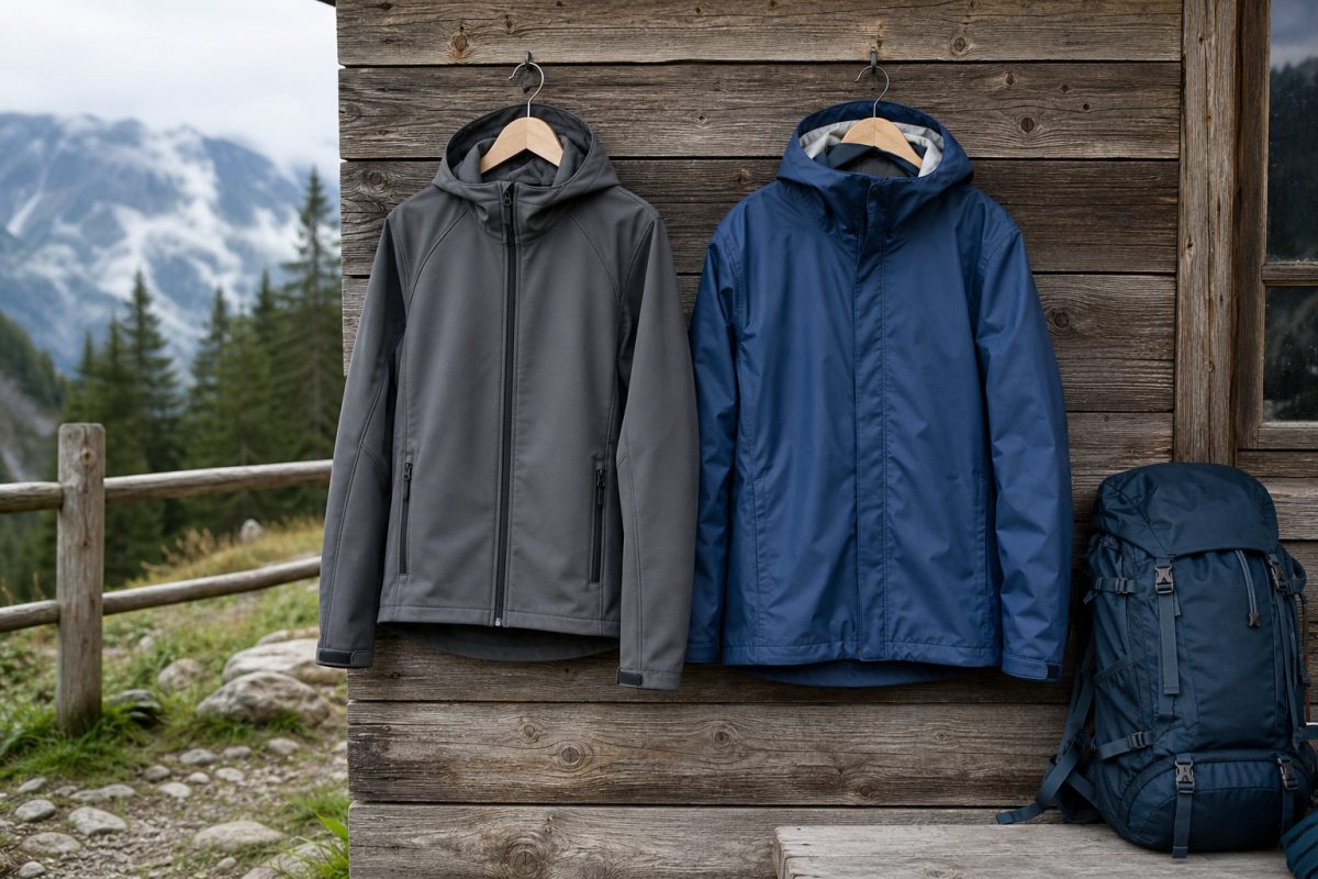 Softshell kabát és hardshell kabát egymás mellett túrafelszereléssel