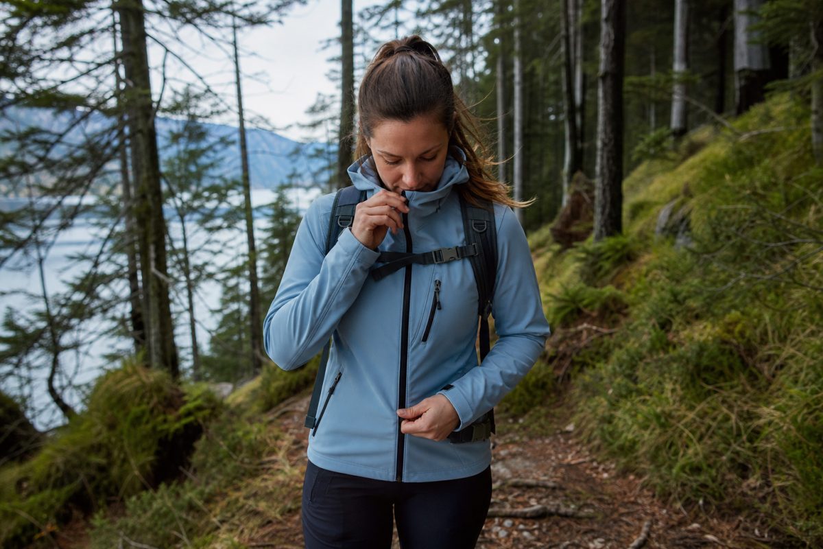 Nő softshell kabátban tavaszi túrán könnyű hátizsákkal