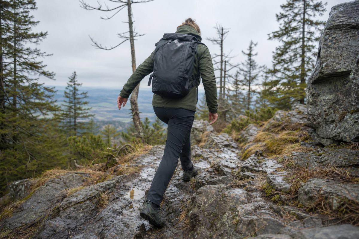 Softshell túranadrág szeles erdei gerincen túrázó emberen