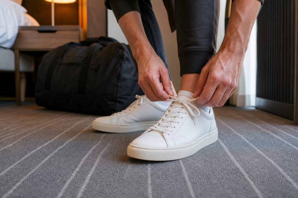 Utazó fűzőt köt kényelmes sneaker cipőn városnézés előtt